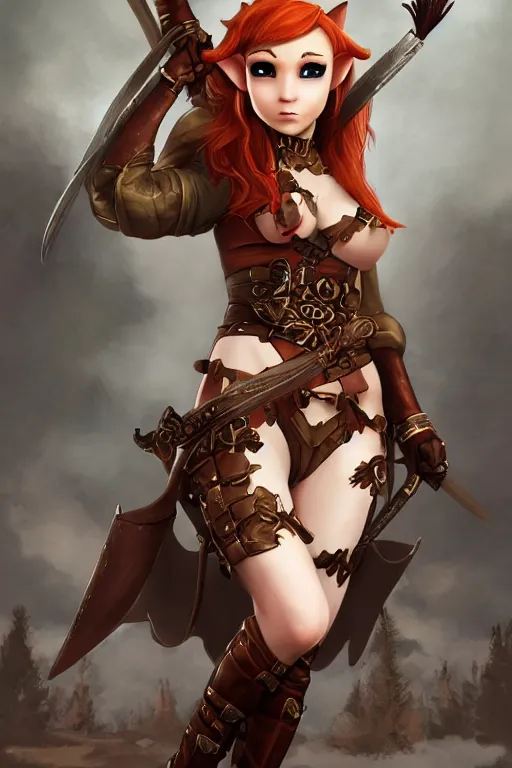 Image similar to Full picture of Redhead elf archer, high fantasy, ornamental bow, fully clothed in brown leather, trending on artstation, arstationhd, HD