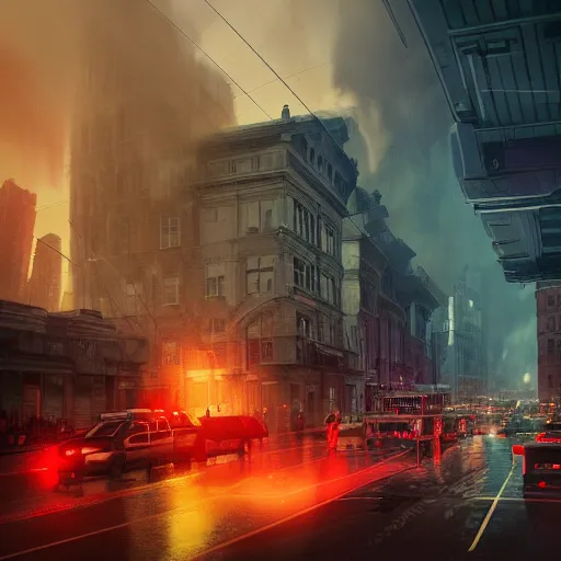 Image similar to wide angle, buildings and city on fire at night, with police and firetrucks on street, stormy blue and red sky mystery mist, police car lights, 4 k highly detailed art, concept art, trending on artstation, alphone mucha, artgerm, greg rutkowski, octane render, cinematic lighting, intricate, sharp focus