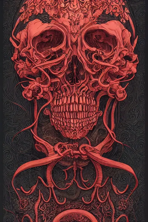 Prompt: detailed realistic memento mori lithograph, red smoke and ash, mixture of life and death, by victo ngai by james jean, by rossdraws, frank franzzeta, mcbess, gothic ornament, skulls, bones, art nouveau, neogothic, ornate botanicals, symmetry, polished, artstation