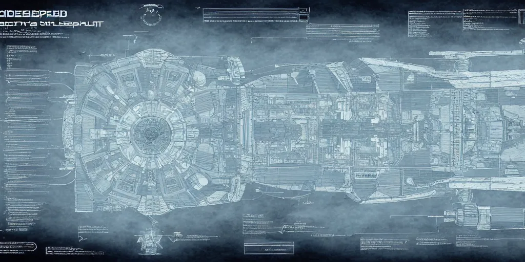 Image similar to detailed infographic blueprint of one messenger spaceship in the style of eve online by john howe