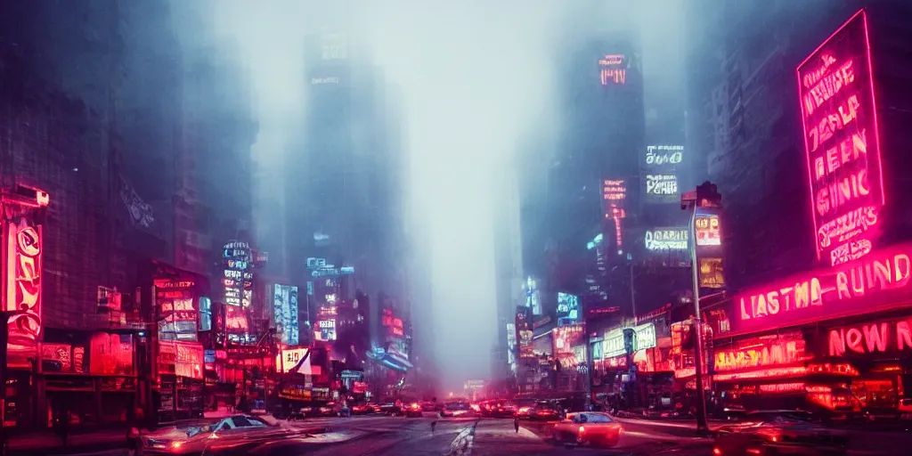 Image similar to city streets, neon signs, giant screens, eerie fog, blade runner, ex machina