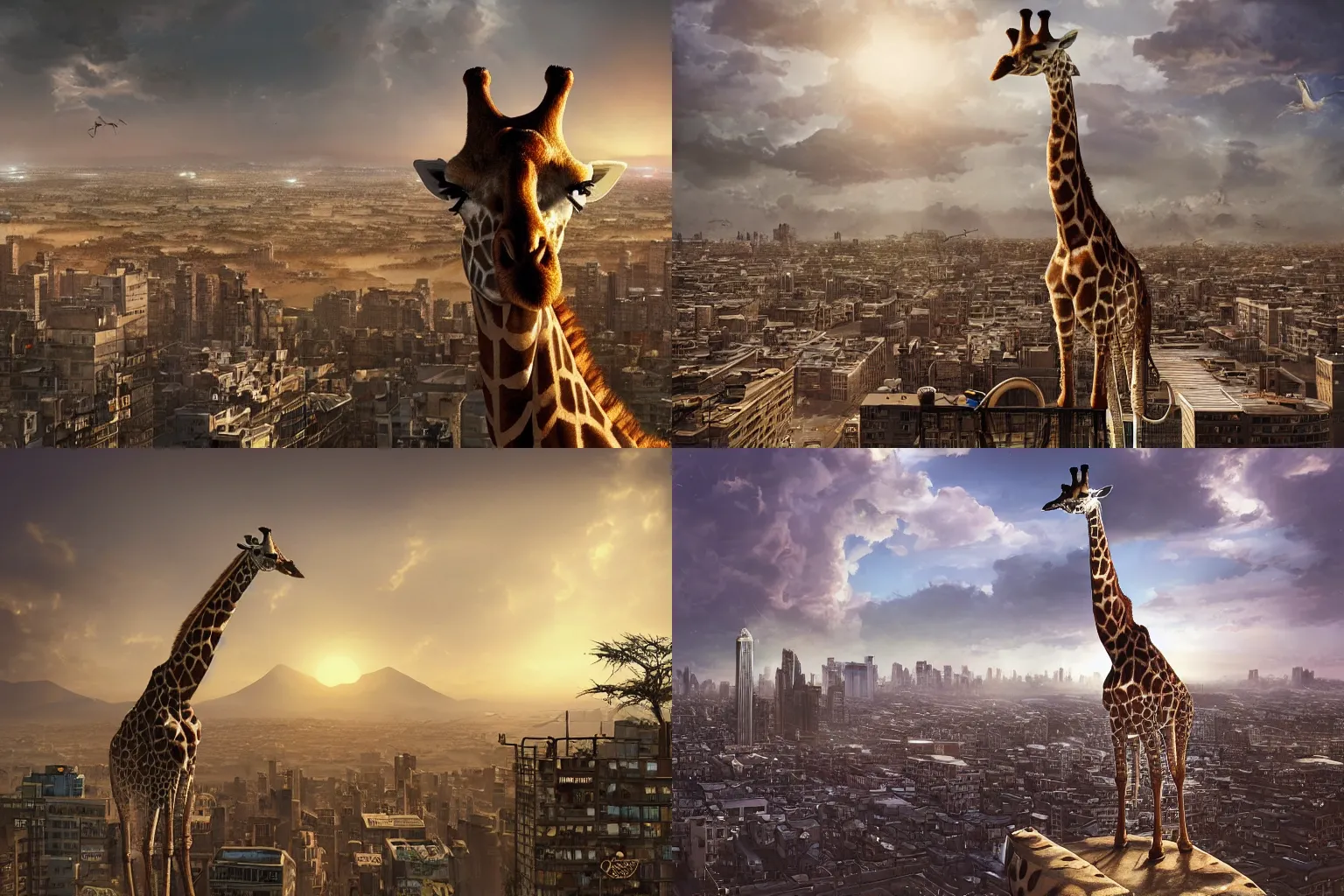 Prompt: giraffe, africa, city, rooftop, intricate, epic lighting, cinematic composition, hyper realistic, 8 k resolution, unreal engine 5, by artgerm, tooth wu, dan mumford, beeple, wlop, rossdraws, james jean, andrei riabovitchev, marc simonetti, yoshitaka amano, artstation