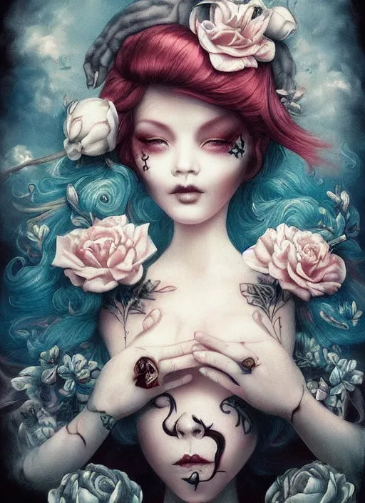 Prompt: pop surrealism, lowbrow art, realistic cute tattooed girl painting, japanese street fashion, hyper realism, muted colours, rococo, natalie shau, loreta lux, tom bagshaw, mark ryden, trevor brown style,