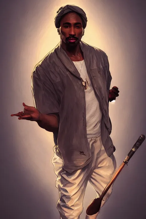 Image similar to beautiful cottagecore male tupac holding a microphone. intricate, elegant. highly detailed, digital painting, artstation, concept art, smooth, sharp, focus, illustration. . art by artgerm and greg rutkowski and alphonse mucha