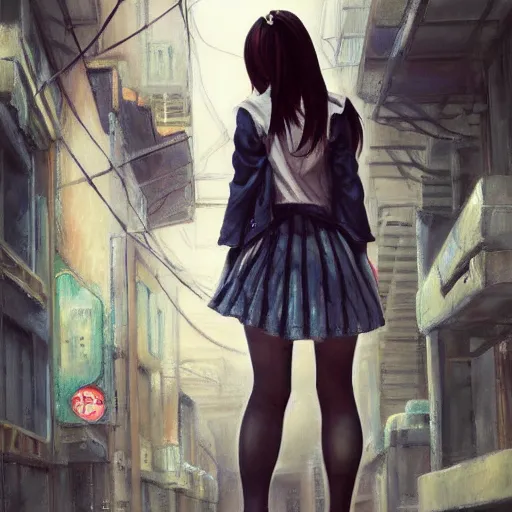 Image similar to a perfect, realistic professional oil painting of a Japanese schoolgirl posing in a dystopian alleyway, style of Marvel, full length, by a professional American senior artist on ArtStation, a high-quality hollywood-style concept