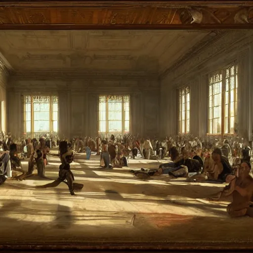 Image similar to A beautiful body art of a large room with many people in it. There is a lot of activity going on, with people talking and moving around. The room is ornately decorated and there is a large window at one end. cartoon by William Trost Richards minimalist, CGI