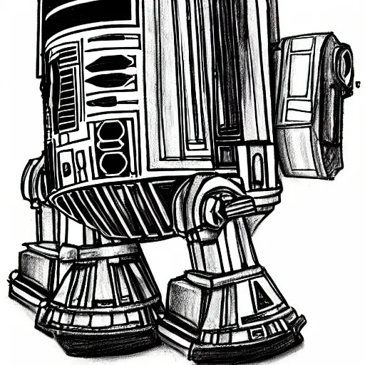 Image similar to full body black and white pencil sketch of muscular R2D2