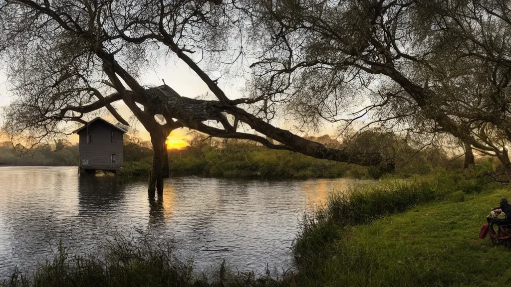 Prompt: small grey wooden cottage by the river, a tree with vines wrapped around it, two crows singing on the tree, tranquility, arch bridge over the river, the bridge path to remote, chill wind, an old man riding a skinny horse on the road, sunset