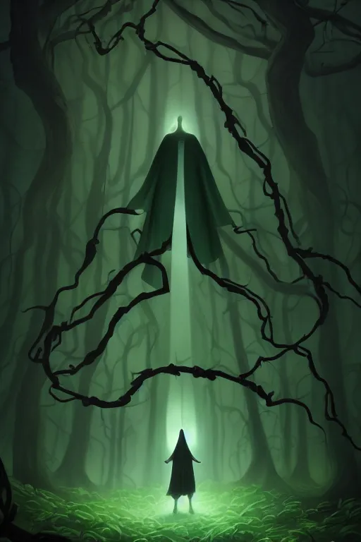 Prompt: A full body portrait of a mysterious character in a forest with no face, glowing eyes and a very long hooded dark green cloak, vines coming out the ground art by Shaddy Safadi and Jason Chan, ominous, cosmic horror, trending on artstation, Ultra detailed, hyper realistic 4k