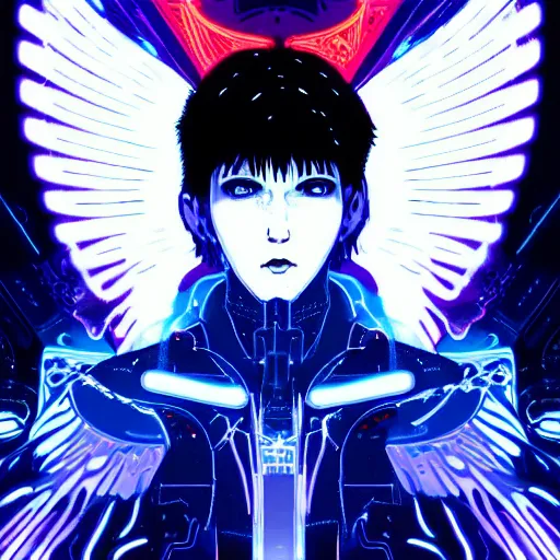 Prompt: white arc - angel with mystic robotic wings, blade runner, akira, ghost in the shell, style of laurie greasley and satoshi kon + symmetric lights and smoke, psychedelic effects, glowing particles, neon rain, glowing runes, de - noise, symmetrical composition, high detailed + tarot card, ornate border, 8 k