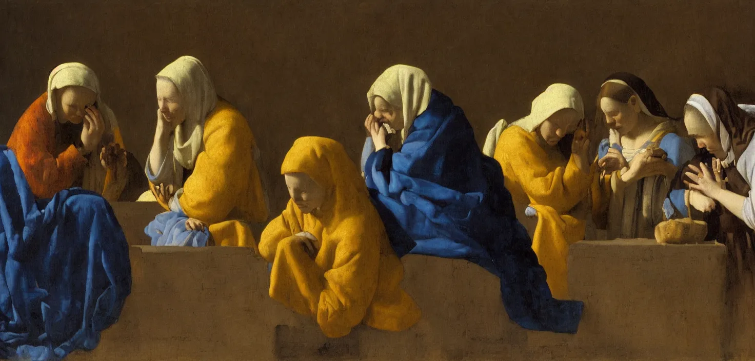 Image similar to a vermeer painting of three maria's crying at the grave of christ