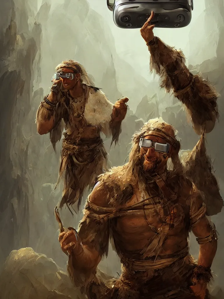 Prompt: Realistic Neolithic era shaman wearing Virtual Reality glasses, artstation, character concept art, digital painting by Bjorn Hurri and Dave Rapoza and Frank Frazetta,