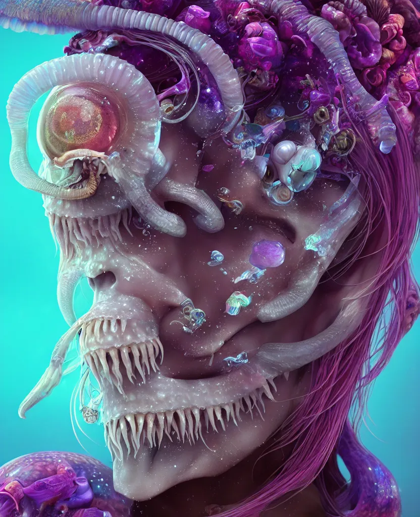 Image similar to goddess princess face close-up portrait ram skull. jellyfish phoenix head, nautilus, orchid, skull, betta fish, bioluminiscent creatures, intricate artwork by Tooth Wu and wlop and beeple. octane render, trending on artstation, greg rutkowski very coherent symmetrical artwork. cinematic, hyper realism, high detail, octane render, 8k