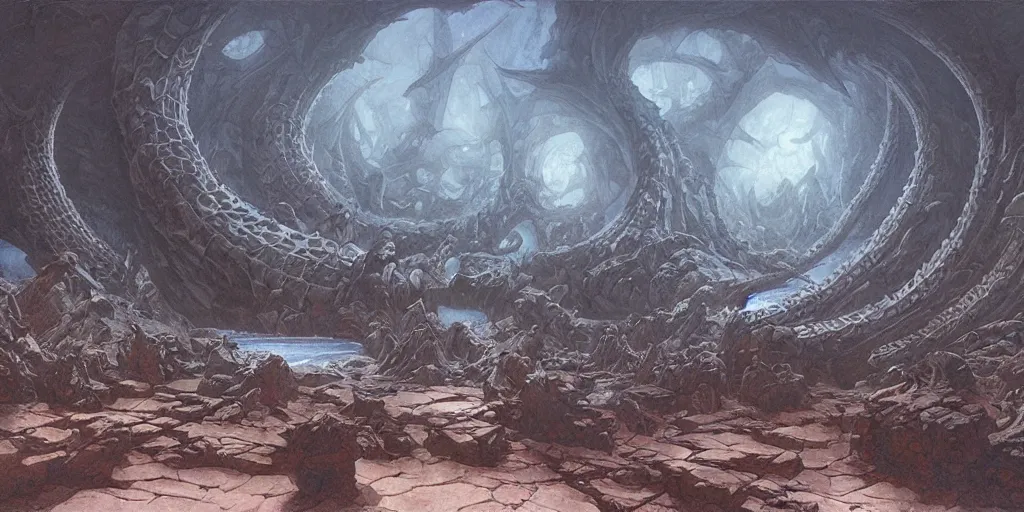 Image similar to artwork by john howe of the ruthless leviathan, cavern, 8 k, centered, highly detailed