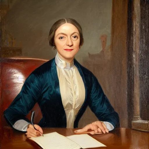 Image similar to official close - up portrait of liz truss in racoon city, alexandria ocasio - cortez, resolute desk, 1 8 4 8, oil on canvas by william sidney mount, trending on artstation, national archives,