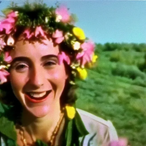 Prompt: vhs 1 9 8 0 s footage of a scene from the movie midsommar, a woman smiling while surrounded by flowers