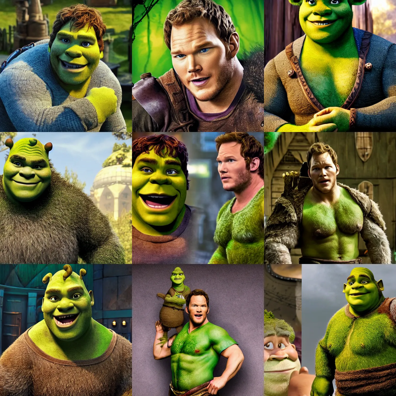 Prompt: Chris Pratt as Shrek, live action set photograph