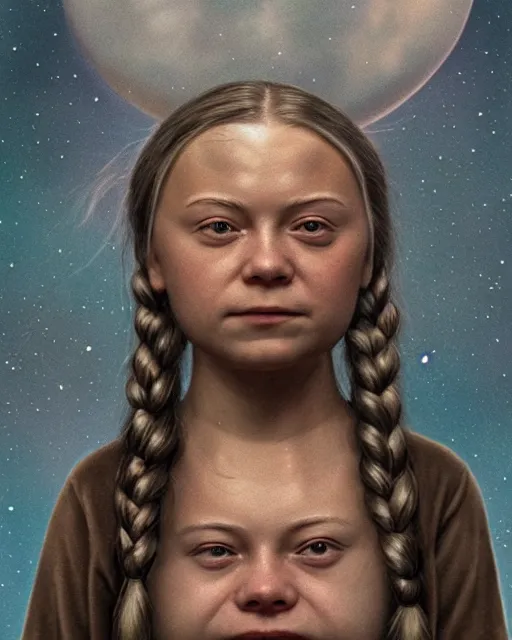 Image similar to closeup face profile portrait of greta thunberg as a soviet chernobyl space toy, bikini, depth of field, zeiss lens, detailed and intricate environment, fashion photoshoot by nicoletta ceccoli, mark ryden, lostfish, breathtaking, 8 k resolution, artistic, hyperrealistic, octane render