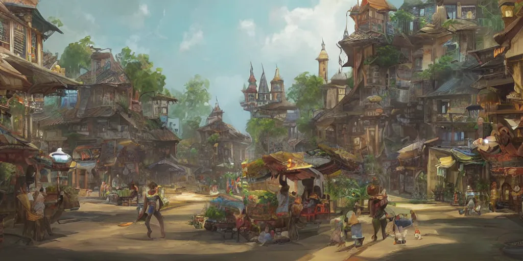 Image similar to Bustling pre-colonial Philippine city, concept art by Tyler Edlin