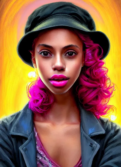 Prompt: portrait of teenage vanessa morgan with bright pink hair, black girl, vanessa morgan, curly pixie cut hair, wearing newsboy cap, newsboy cap, hoop earrings, intricate, elegant, glowing lights, highly detailed, digital painting, artstation, concept art, smooth, sharp focus, illustration, art by wlop, mars ravelo and greg rutkowski