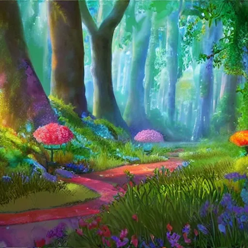 Image similar to a disney background art painting, a wide shot of an enchanted forest with dappled lighting on the ground, muted color palette, tall large trees, foliage and flowers in the underbrush, disney feature animation painting, the art of pixar,