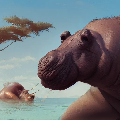 Prompt: a award winning commission portrait of a fit hippo sunbathing,SFW,digital art,art by greg rutkowski,character design by charles bowater,detailed face,hyperdetailed,photorealistic,artstation,deviantart,4k,western comic art,sharp,high definition