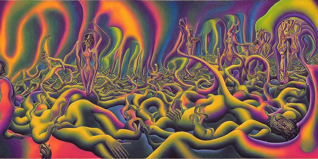 Image similar to basilisk, pain, pleasure, suffering, adventure, alex grey psychedelic dripping color love, abstract oil painting by mc escher and salvador dali gottfried helnwein