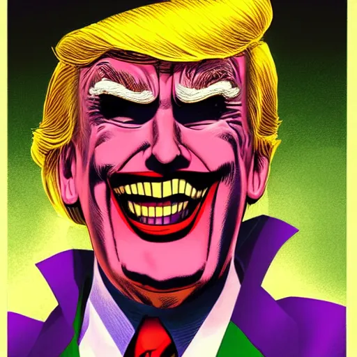 Image similar to Donald Trump as the joker, full shot, concept art, illustration by John Romita Jr.