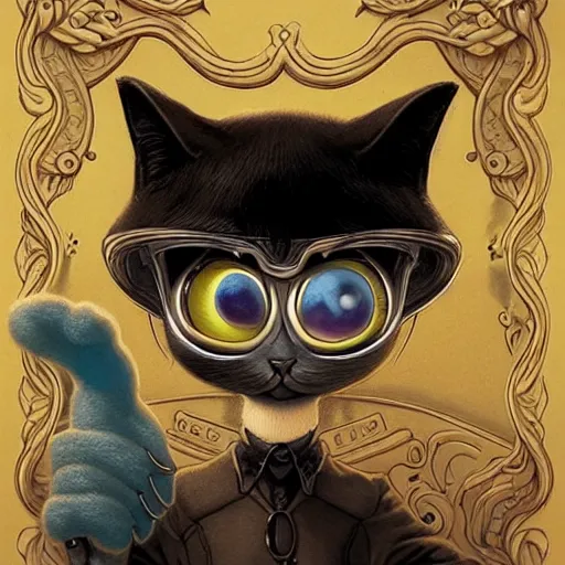 Image similar to Lofi portrait with a cat, Pixar style by Joe Fenton and Stanley Artgerm and Tom Bagshaw and Tim Burton