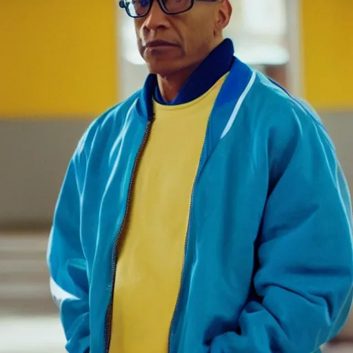 Image similar to gus fring in a blue varsity jacket with yellow sleeves, still from breaking bad