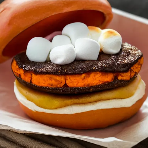 Image similar to Fast Food commercial photograph of a cinnamon hamburger bun with sweet potatoes, and melted marshmallows inside