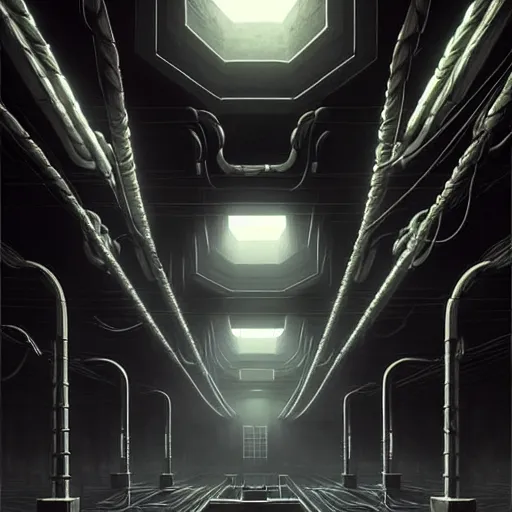 Image similar to professional ominous concept art architecture of a black metalic room with cables hanging from the ceiling by artgerm and greg rutkowski. an intricate, elegant, highly detailed digital painting, concept art, smooth, sharp focus, illustration, in the style of simon stalenhag, wayne barlowe, and igor kieryluk. ( low camera angle )