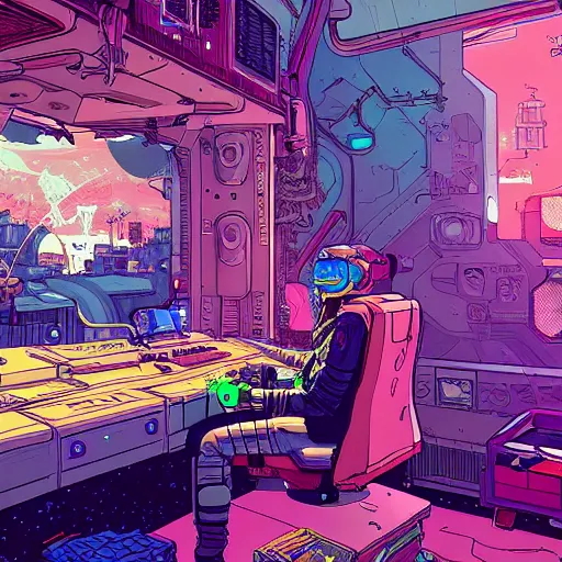 Prompt: explorer with cyberpunk headpiece playing video games in his treehouse, highly detailed, 4k, midnight, by Victo Ngai and James Gilleard , Moebius, Laurie Greasley, adventure time colour palette