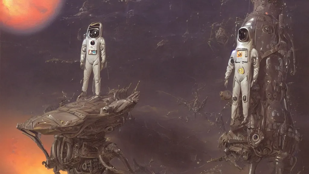 Image similar to futuristic organic spacesuit design by john schoenherr and jim burns, epic cinematic matte painting