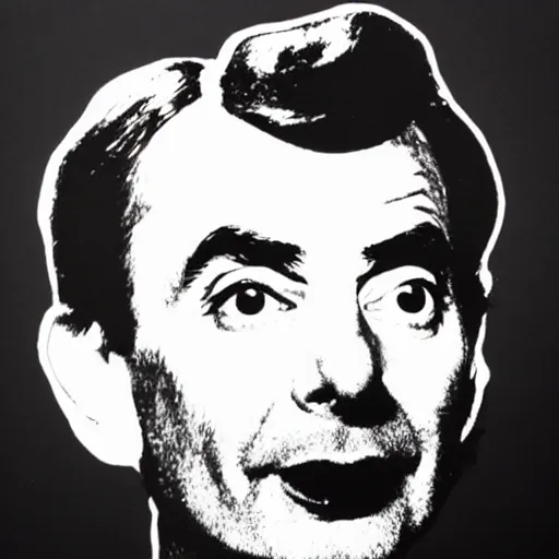 Prompt: a portrait of Mr Bean, made by Andy Warhol, two tone, very high contrast, only black and white, simplistic, extremely high contrast, two tone, notan art, by Andy Warhol, minimalistic,