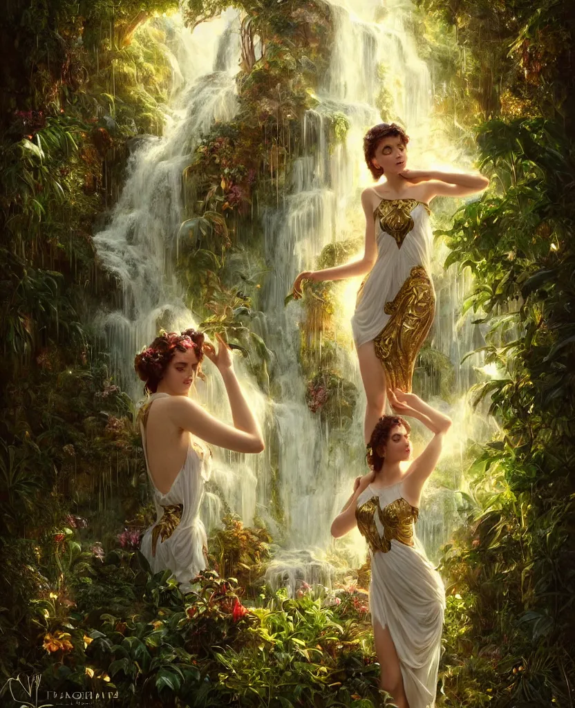 Image similar to hyper realistic photographer looking through a vintage medium format camera, magic pouring from lens, fantasy castle, full body waterfall dress, design on white background, beautiful details, lush foliage cyberpunk, gold, drawn by john singer sargent, tom bagshaw, norman rockwell, alphonso mucha, lolish, trending on artstation