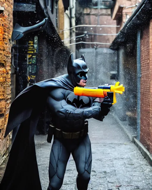 Prompt: happy batman firing super soaker water gun in an alleyway, everyone having fun, toy product advertisement, photography