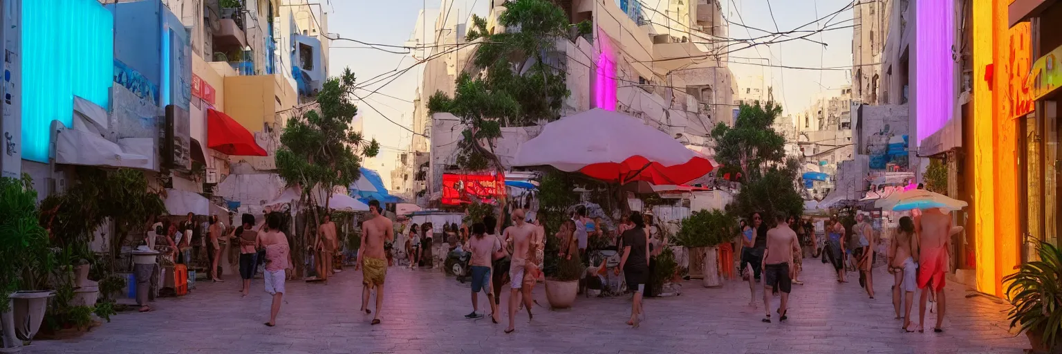 Image similar to the streets of tel aviv, israel, summer, morning, vivid colors, neon, art by gregory crewdson and artgerm and wlop and william - adolphe bouguereau