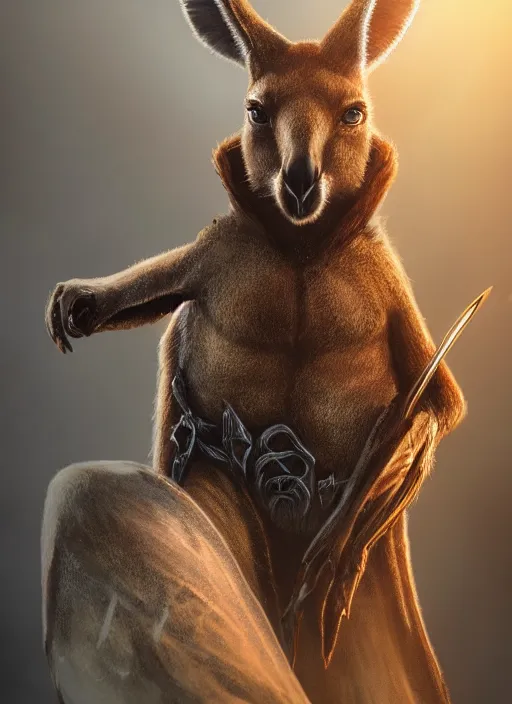 Prompt: kangaroo holding trophy, ultra detailed fantasy, elden ring, realistic, dnd character portrait, full body, dnd, rpg, lotr game design fanart by concept art, behance hd, artstation, deviantart, global illumination radiating a glowing aura global illumination ray tracing hdr render in unreal engine 5