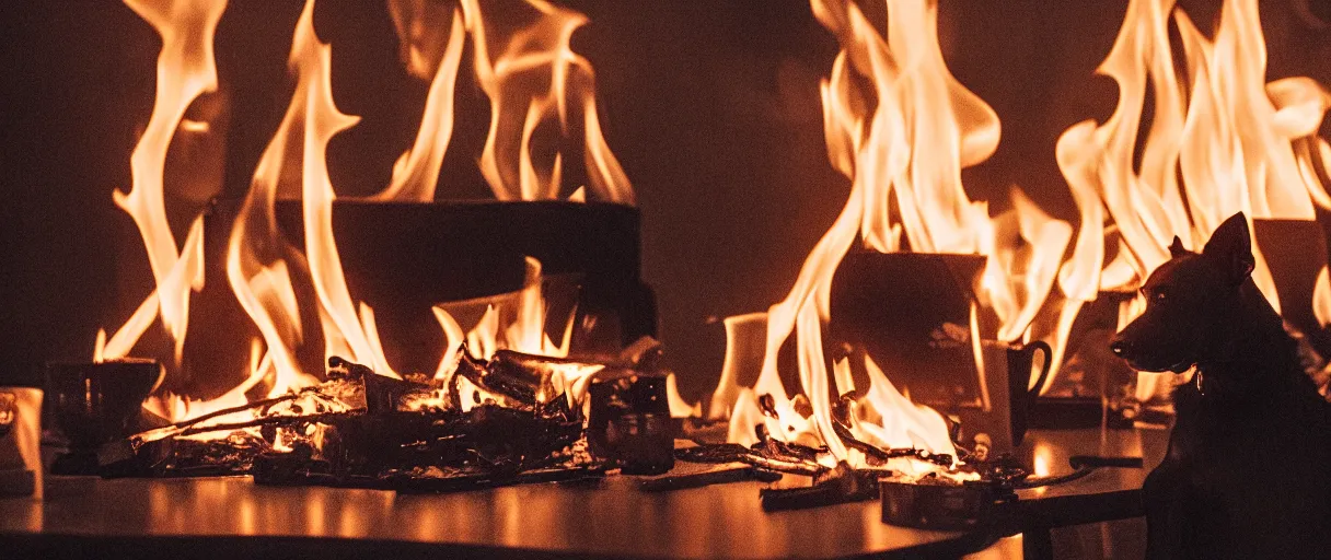 Prompt: a studio photograph (flash on) of a big fire on a dining room on fire, an human-like relaxed dog sitting on a wooden chair at a table (no fire at all there), lights on, ☕ on the table, surrounded by flames, a lot of flames behind the dog, black smoke instead of the ceiling, no watermark