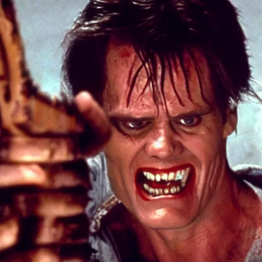 Prompt: movie still of jim carrey in evil dead 2