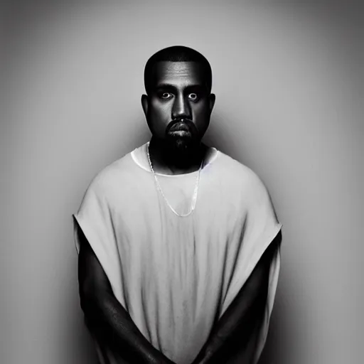 Image similar to a chiaroscuro lighting portrait of kanye west dressed as jesus, black background, portrait by julia margaret cameron, shallow depth of field, 8 0 mm, f 1. 8