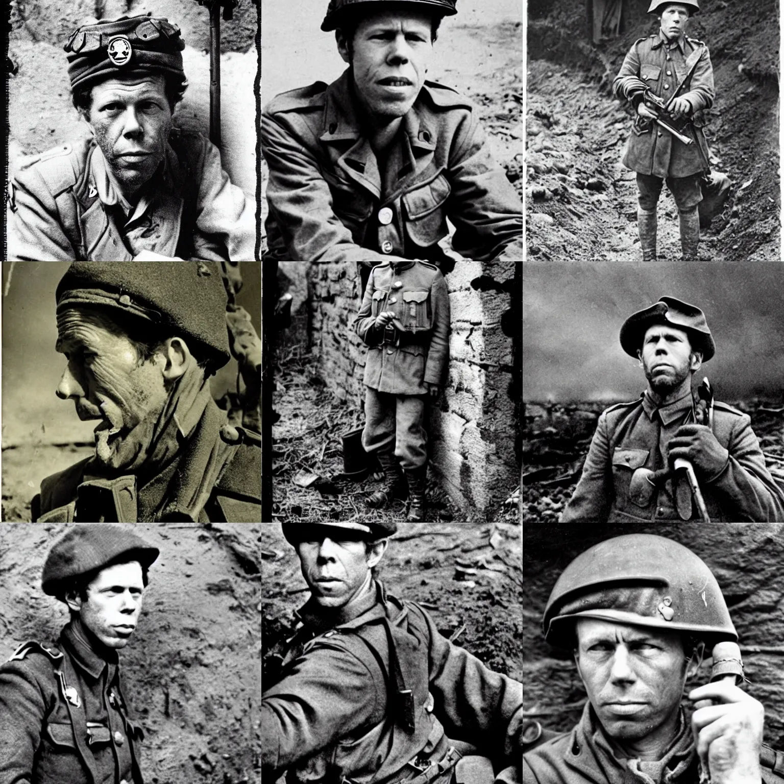 Prompt: Tom Waits as a soldier in a trench in World War One