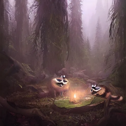 Prompt: raccoon druid casting magic spell in the forest, Greg Rutkowski, trending on artstation,