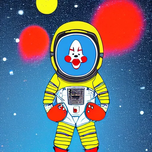 Prompt: techno - capitalist clown wearing space suit flying away in realistic space environs, digital art