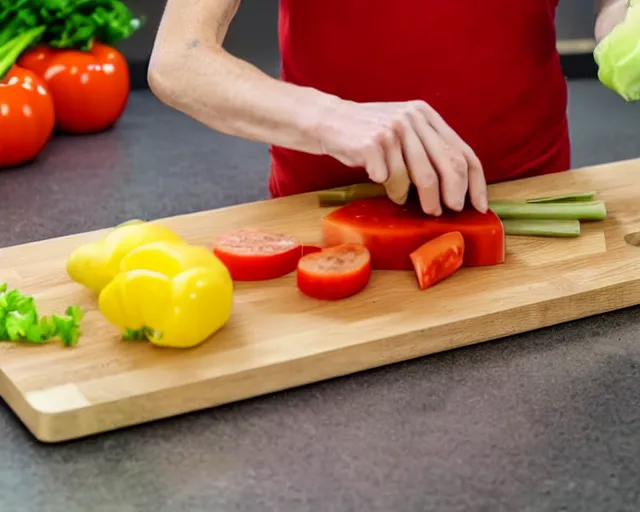 Image similar to 9 0 degrees fov, first person point of view of me chopping vegetables on a chopping board