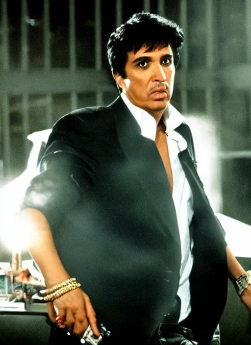 Prompt: film still of kim kardashian as Tony Montana in Scarface,