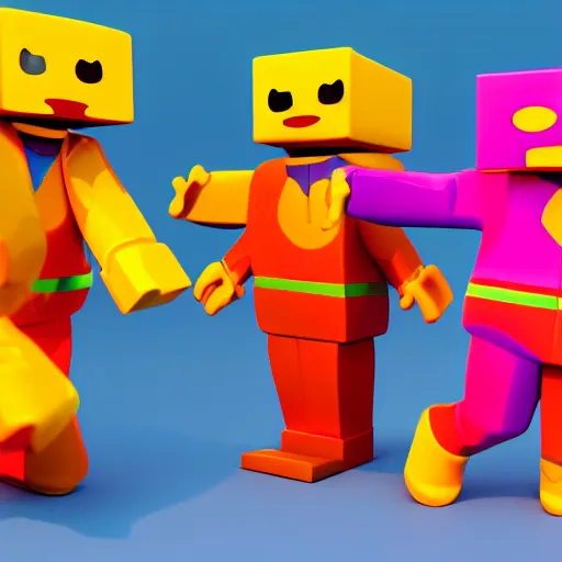 Image similar to high quality 3d render of happy roblox figures, bright and fun colors, octane render, trending on artstation