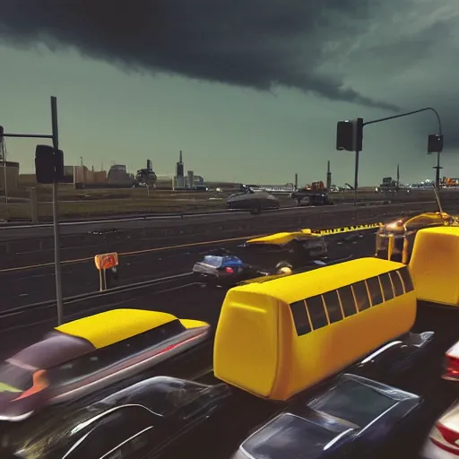 Prompt: A yellow submarine stuck in traffic, photorealistic, cinematic, 4k