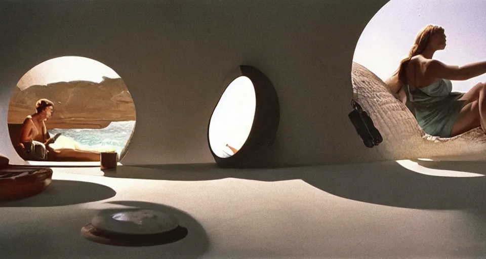 Prompt: a giant seashell with a doorhole, cinematography by syd mead, gregory crewdson